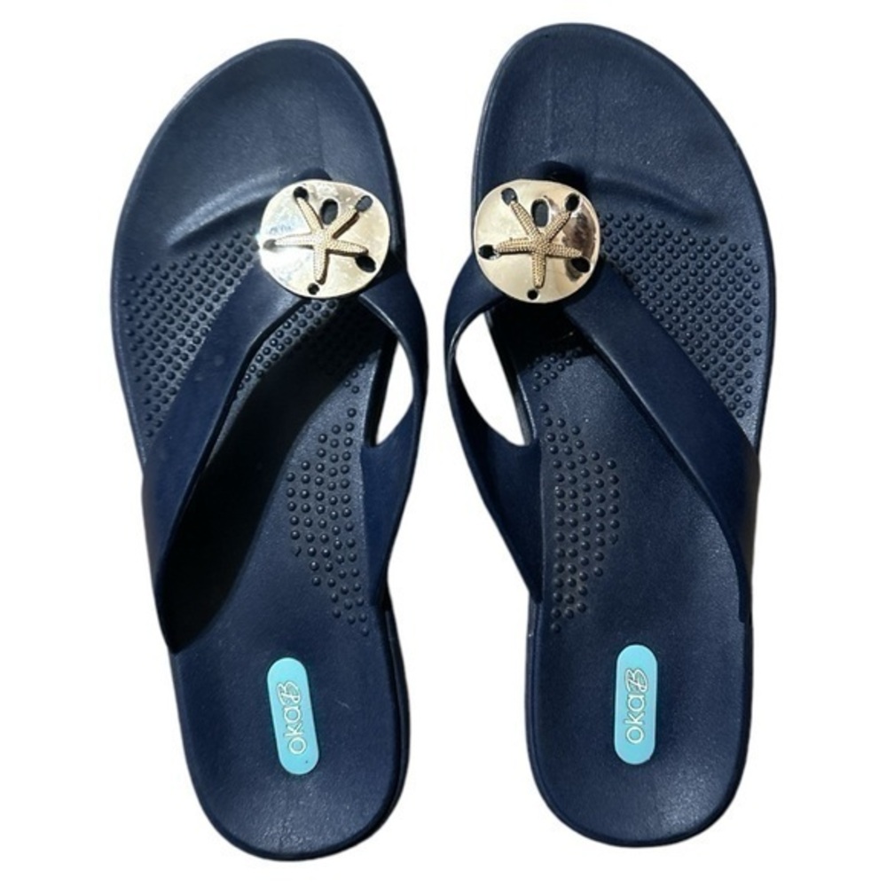 OkaB size large flip flops, navy with gold sand dollar, plastic beach ready